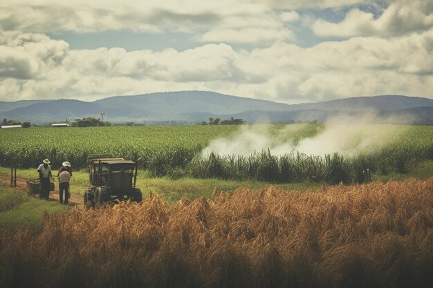 Foto uma vista pitoresca de campos de cana-de-açúcar com trabalhadores colhendo a colheita