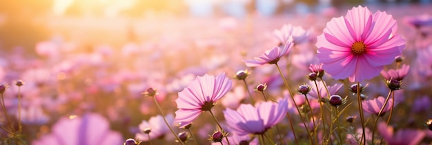 Uma vista pitoresca de um prado de flores de verão com flores silvestres em tons de rosa banhadas pelo sol da manhã