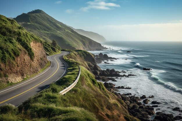 Foto uma vista pitoresca de uma rodovia costeira perto do oceano, cercada por penhascos escarpados generative ai