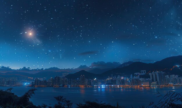 Uma vista serena do horizonte noturno com estrelas e uma lua avermelhada sobre uma cidade movimentada Gerar Ai