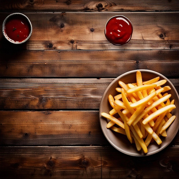 Uma vista superior de batatas fritas e molho na mesa de madeira