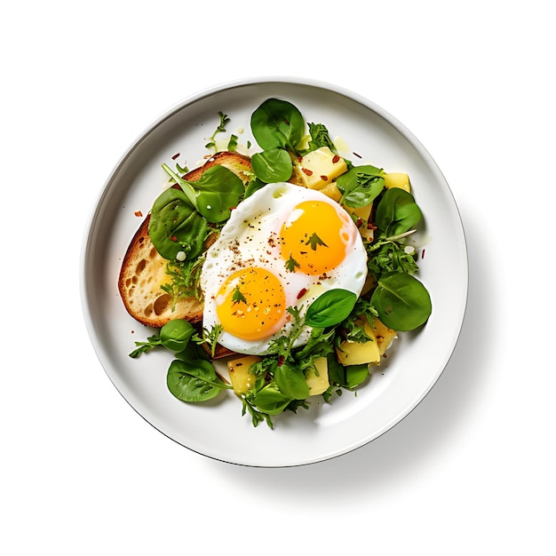 Uma vista superior de ovos saudáveis e prato branco de café da manhã vegetal em fundo branco