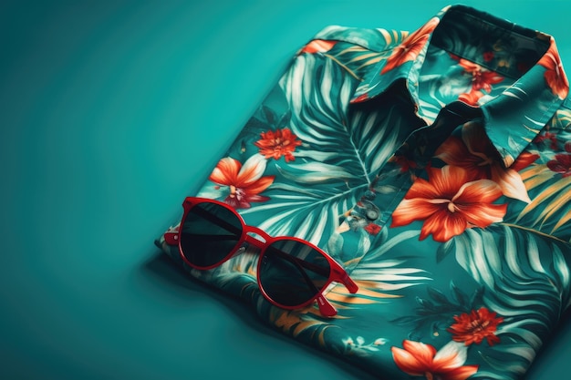 Uma vista superior de uma roupa de verão em um fundo com a possibilidade de copiar uma roupa de praia uma ilustração de uma camisa tropical em um fundo de ramos de samambaia generative ai