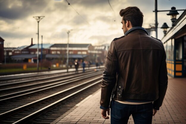 Uma vista traseira de um homem de pé na estação ferroviária