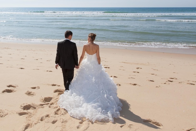 Uma vista traseira de um lindo casal na praia em vestido de noiva