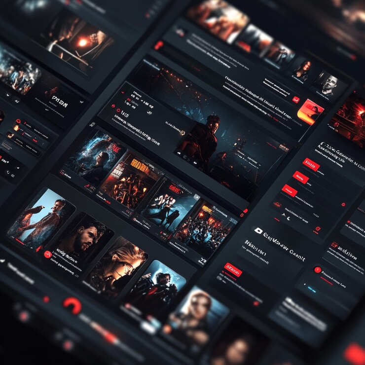 Foto uma visual de uma interface de serviços de streaming com tendências de filmes e recomendações de séries