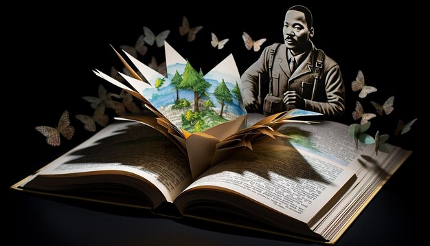 Foto uma visualização 3d de um livro aberto com a imagem de mlk emergindo das páginas