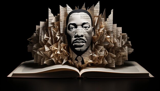 Foto uma visualização 3d de um livro aberto com a imagem de mlk emergindo das páginas