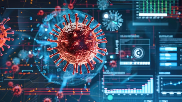 Uma visualização digitalmente aprimorada de um vírus com detalhes intrincados em um cenário de dados científicos futuristas e interfaces de análise Visualização digital de vírus futurista científico