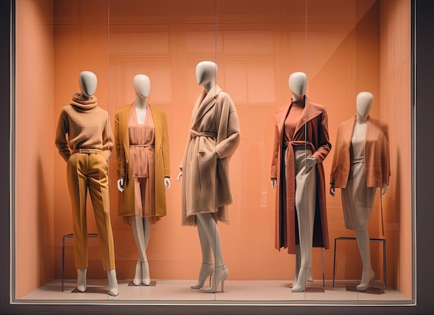 uma vitrine com mulheres em roupas está no estilo de conjuntos minimalistas