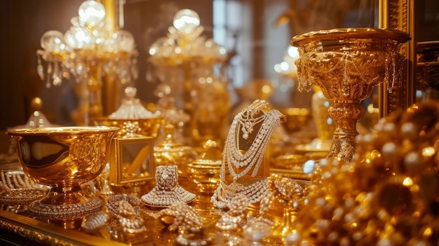 Uma vitrine de jóias de ouro brilhantes em uma mesa dourada