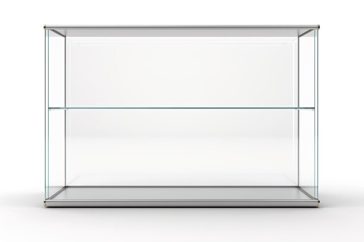Foto uma vitrine de vidro brilhante com duas prateleiras prontas para exposição em fundo branco ou png transparente