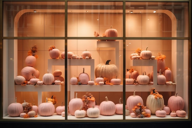 Uma vitrine é decorada com abóboras rosa e folhas de outono para o Dia de Ação de Graças