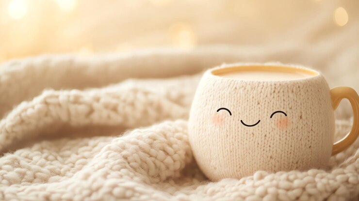 Foto uma xícara aconchegante de café embrulhada em uma camisola de tricô com um rosto feliz sentado em um cobertor de pelúcia
