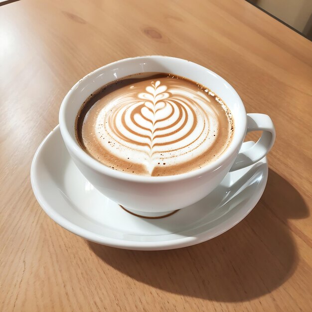 Uma xícara branca cheia de café em uma mesa de madeira gerada por IA
