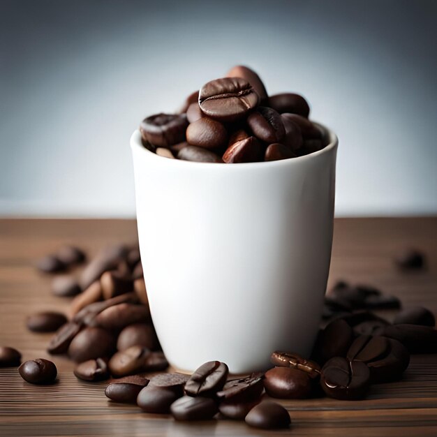 Uma xícara branca com grãos de café e um fundo branco com fundo escuro.