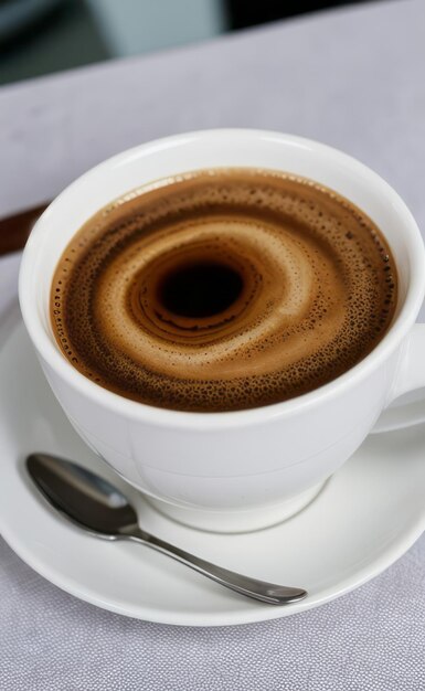 uma xícara branca de café com uma colher em um prato