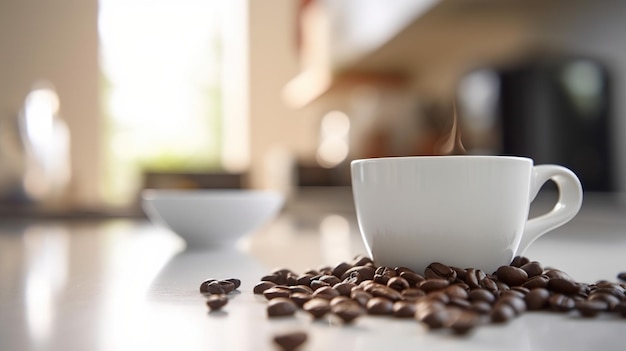 Uma xícara branca de café fica em um balcão com grãos de café espalhados ao redor