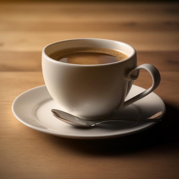 Uma xícara branca de café quente começando o dia na mesa com o nascer do sol no fundo da manhã