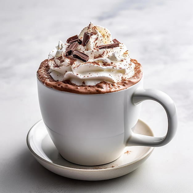 Uma xícara branca de chocolate quente com chantilly e gotas de chocolate.