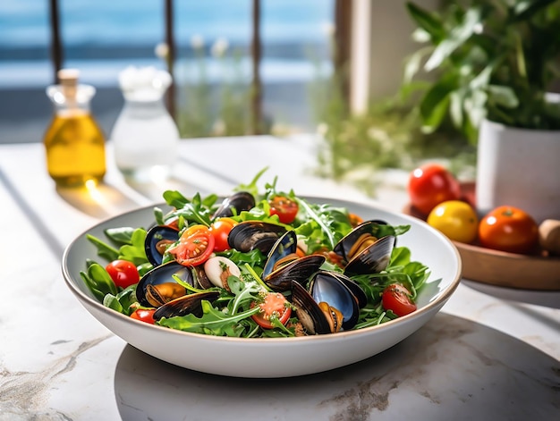 Foto uma xícara com salada a salada é brilhante e festiva com tomates cereja doce foguete amargo e mexilhões tenros dieta keto