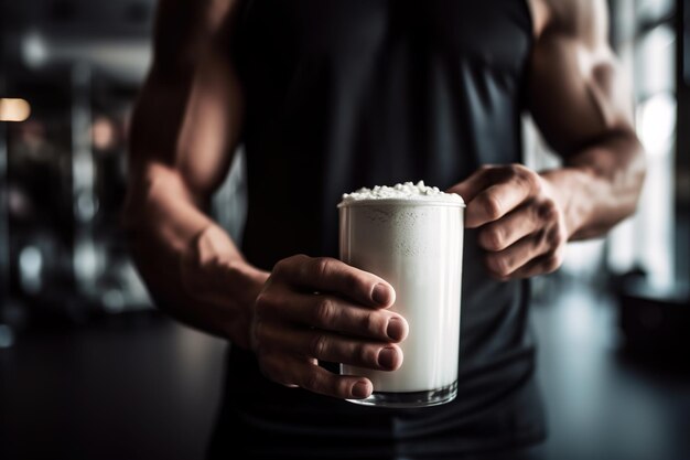 Uma xícara de bebida em pó de proteína fitness