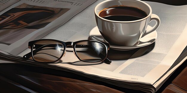uma xícara de café ao lado de jornais e copos no estilo de uso de tons de tela