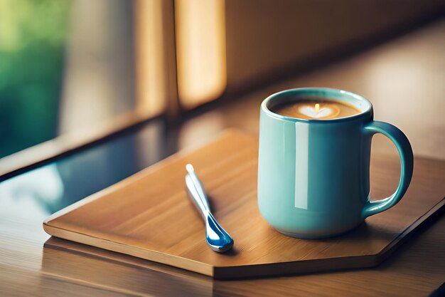 uma xícara de café azul com uma colher em uma bandeja