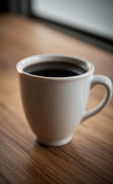 uma xícara de café branca com um café preto no meio