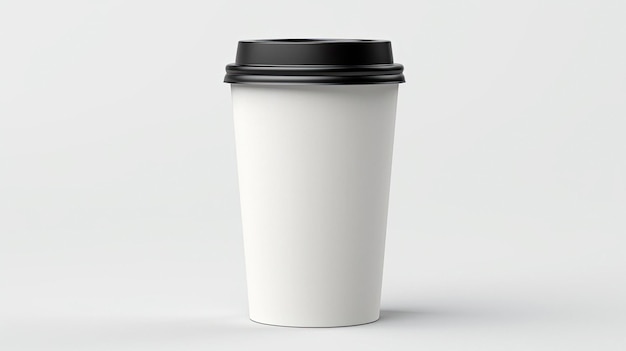 Uma xícara de café branca com uma tampa preta que diz "café" no topo.