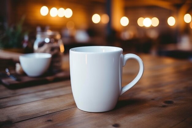 Uma xícara de café branca em uma mesa de madeira rústica em um ambiente aconchegante de café