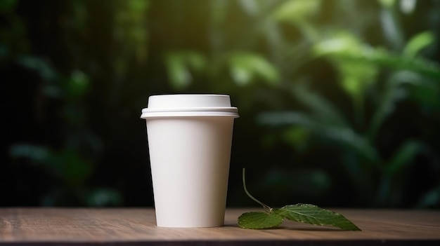 Uma xícara de café branca está sobre uma mesa de madeira com uma folha sobre ela.