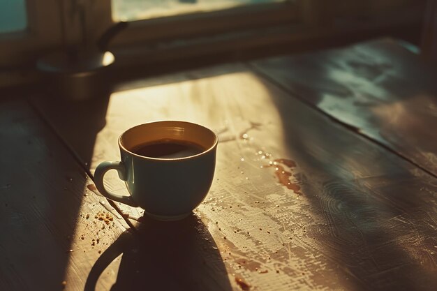 Uma xícara de café branca senta-se em uma mesa de madeira com o sol brilhando sobre ela