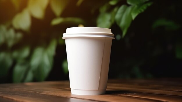 Uma xícara de café branca sobre uma mesa de madeira com uma planta verde ao fundo