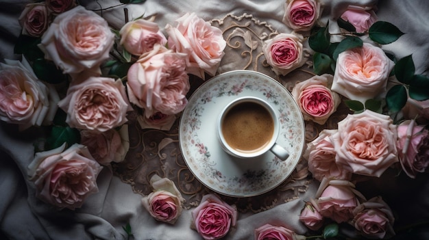 Uma xícara de café cercada por rosas cor de rosa Imagem generativa de IA