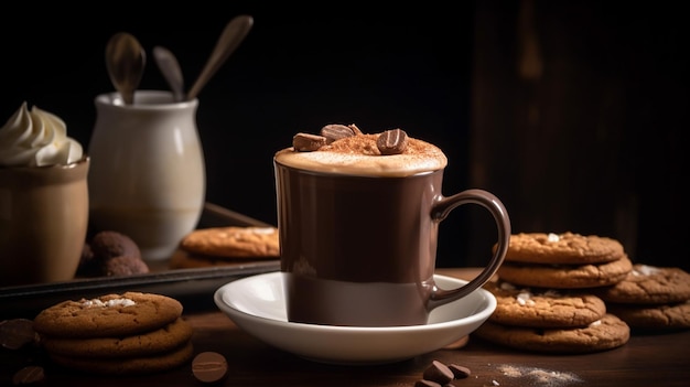 Uma xícara de café com biscoitos na mesa