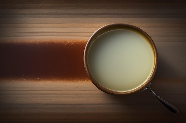 Uma xícara de café com borda marrom e um líquido branco sobre uma mesa de madeira.