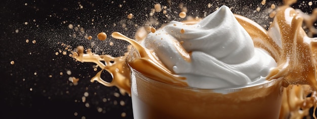 Uma xícara de café com chantilly e calda de caramelo.