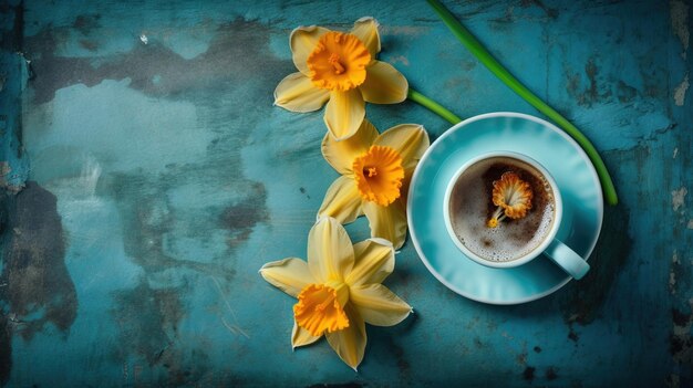 Uma xícara de café com flores amarelas sobre um fundo azul