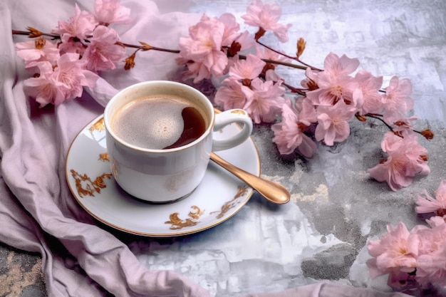 Uma xícara de café com flores cor de rosa no fundo