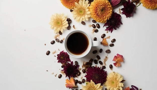 Foto uma xícara de café com flores na mesa
