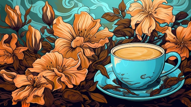 Uma xícara de café com flores no fundo