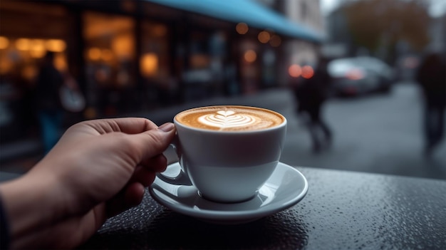 Uma xícara de café com fundo desfocado