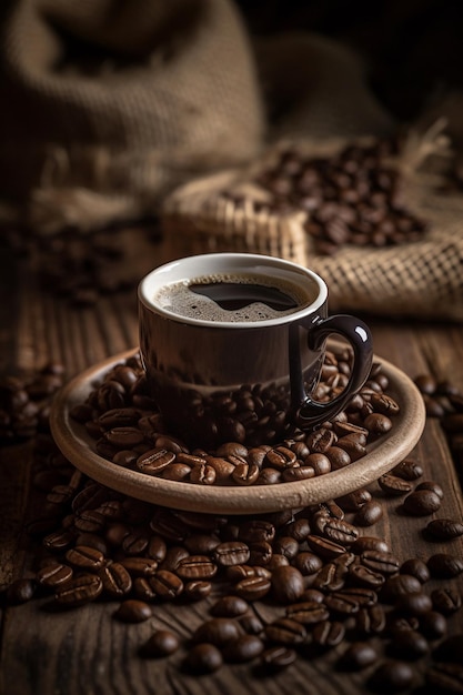 Uma xícara de café com grãos de café em uma mesa de madeira