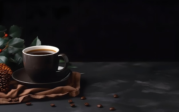 Uma xícara de café com grãos de café em uma mesa preta.