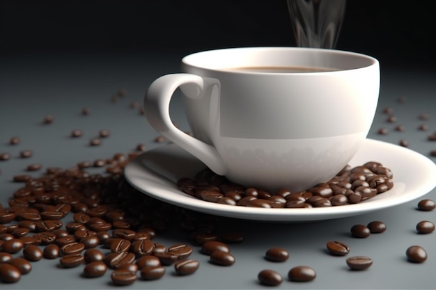 Uma xícara de café com grãos de café na mesa