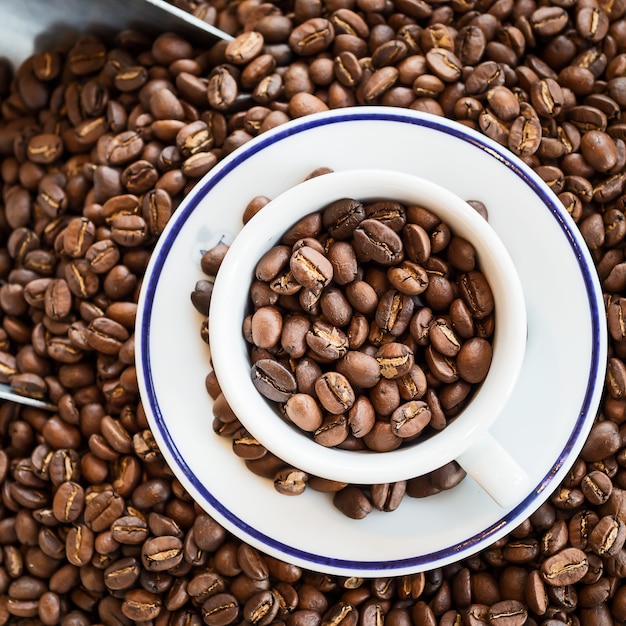 Uma xícara de café com grãos de café torrados