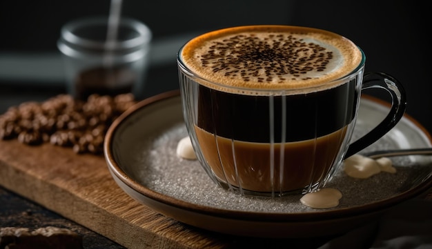 Uma xícara de café com leite achocolatado na borda