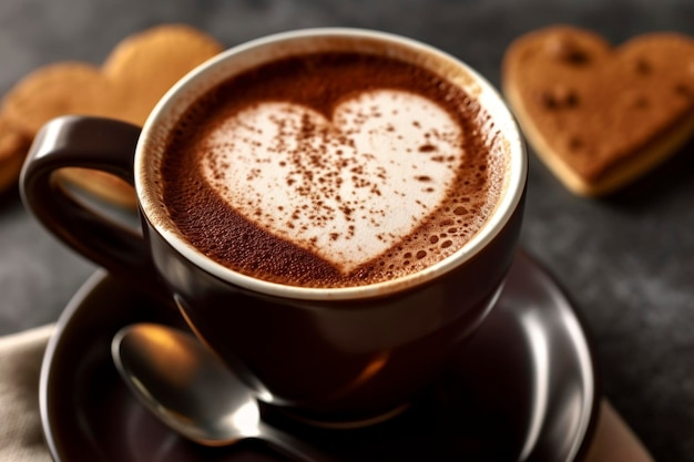 uma xícara de café com leite com uma pitada de chocolate em pó em forma de coração sobre a mesa