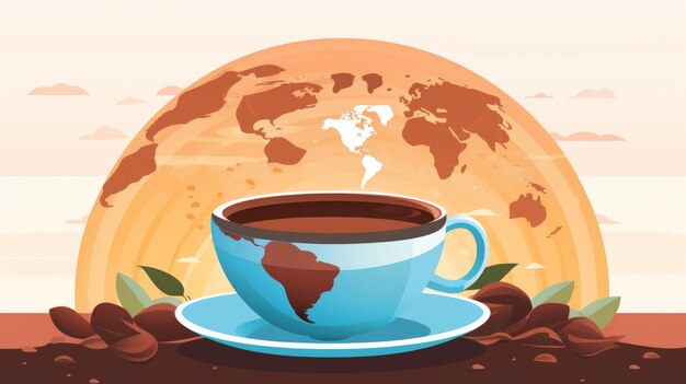 uma xícara de café com o mapa mundial ao fundo